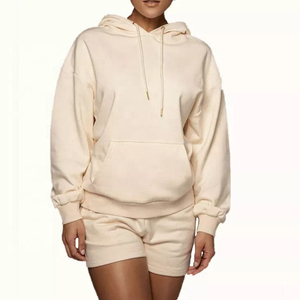 Nouveauté : Ensemble sweat à capuche et short pour femme, 100 % coton, léger, impression de logo personnalisée rapide, couleur unie, OEM - Product Image 1