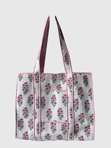 Sac fourre-tout en coton brodé de fleurs avec rayures roses, ouverture supérieure, sac de shopping pour femmes, utilisation toutes saisons - Product Image 1