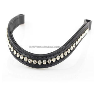 Frontal de cheval en cuir rembourré, sur mesure, orné d'une seule rangée de cristaux transparents et de pierres brillantes, disponible dans toutes les tailles, formes et couleurs. - Product Image 2