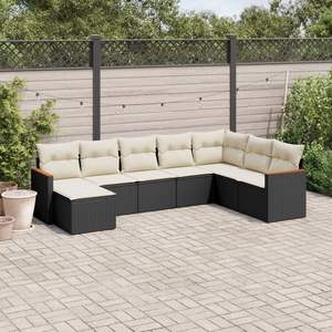 Set Divano da Giardino in Polyrattan Nero con Cuscini in Rattan PE Bianco Crema - Product Image 1
