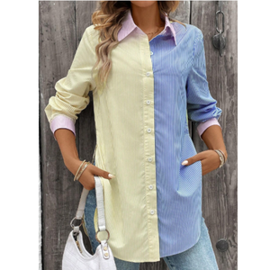 Blusa de Moda para Mujer con Cuello Alto, Estampado a Rayas en Contraste, Mangas con Volantes de Satén, Corte y Confección Tipo Smock, Camisa Casual de Oficina - Product Image 3