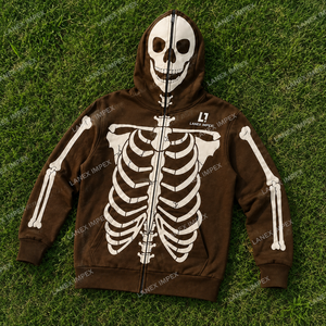 Custom Skeleton Zip Up Hoodie Men's Gothic Skull Bone Print Sweatshirt Halloween Costume <b>Jacket</b> Brown Streetwear Graphic Hoodie - Product Image 6