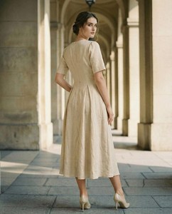 เดรสผ้าลินินราคาส่งที่ดีที่สุด คอวี ติดกระดุมด้านหน้า แขนสั้น ทรงเอไลน์ ชุดคลุมชายหาด เสื้อผ้าผู้หญิง - Product Image 2