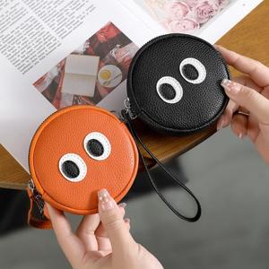 Round Coin Purse PU Leather Zipper Wallet Coin <b>Pouch</b> with Wrist Strap for Daily Use - Product Image 1