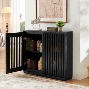 Mid Century Modern Fluted Black <b>Sideboard</b> Cabinet with 2 Outlet Holes Living Room Buffet <b>Storage</b> - Product Image 3