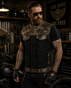 <b>Men's</b> Real <b>Leather</b> Motorcycle Vest Camouflage Pattern Stand Collar Windproof Biker <b>Jacket</b> With Pockets And Belt Closure - Product Image 1