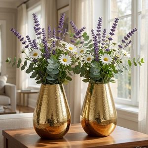 Drop Shape Metal Hammered Flower Vase <b>Gold</b> Set of 2 Decorative Tabletop Vase for Home Living Room Bedroom Office and Event Decor - Product Image 2