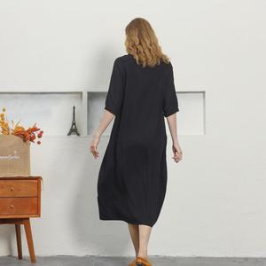 Premium Black O-Neck Linen Midi <b>Dress</b> With Short Sleeve Boho <b>Loose</b> Fit Cotton Summer Casual Daily Wear - Product Image 5