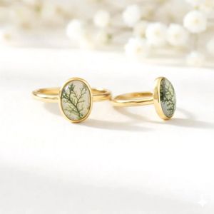 Bague de promesse minimaliste en argent sterling 925 avec cabochon ovale en agate mousse naturelle véritable sertie clos - Product Image 4