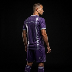 Ensemble de maillots de football personnalisés violets, imprimé nid d'abeille, uniforme d'équipe, manches courtes, shorts assortis, OEM ODM, vente en gros, professionnel - Product Image 4