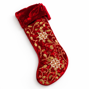 Chaussette de Noël moderne de luxe en velours rouge de 22 pouces avec motif floral complexe et broderie dorée |   Artisanat durable fait main pour les fêtes - Product Image 1