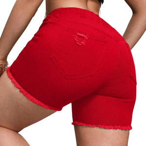 Womens Casual Red Denim Shorts <b>Elastic</b> High <b>Waist</b> Drawstring Ripped Distressed Raw Hem Short Streetwear Fashion Everyday <b>Jeans</b> - Product Image 2