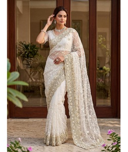 Indian Traditional Gorgeous Net with Embroidery Work With Pearls Diamond Fancy Saree for Festive Party for Women Trendy Wear - Product Image 1