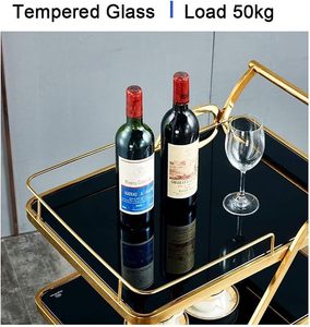 Chariot de bar roulant en métal finition or, chariot à boissons de luxe, mobilier de bar pour la maison, chariot de bar contemporain avec étagère en verre noir pour boissons - Product Image 6