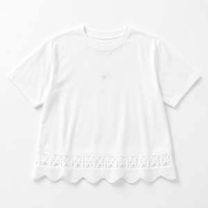 Camiseta Blanca con Dobladillo de Encaje Geométrico, Camisas de Mujer con Dobladillo de Encaje Festoneado Personalizado, Blusas de Verano Elegantes e Informales de Manga Corta con Cuello Redondo de Algodón - Product Image 3