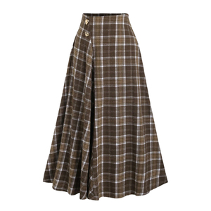 Jupes longues évasées vintage en laine à carreaux marron pour femmes, taille haute, boutons latéraux, pour l'automne et l'hiver - Product Image 1