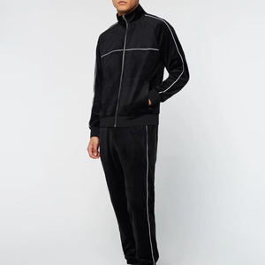 Plain Blank Black <b>Velour</b> <b>Tracksuit</b> 2 Piece Set Full Zip Stand Collar Joggers Velvet <b>Tracksuits</b> With Side Pockets Breathable - Product Image 1