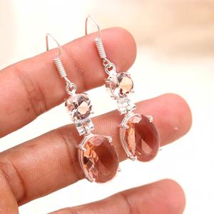 Morganite Oval Cut <b>Dangle</b> <b>Earrings</b> 925 Sterling <b>Silver</b> | Peach Pink Gemstone Drop <b>Earrings</b> | Elegant Handmade Long <b>Earrings</b> for - Product Image 1