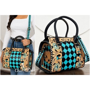 Hot Selling 2026 Designer Hand Tooled Genuine Leather Turquoise Checkered Pattern Western Purse Stylish Crossbody Shoulder <b>Bag</b> - Product Image 1