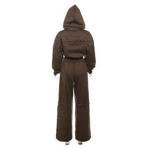 Conjunto de dos piezas de chándal corto con cremallera y capucha para mujer, de alta calidad, color marrón, con pantalones de pierna ancha y borde sin rematar, venta al por mayor OEM - Product Image 2