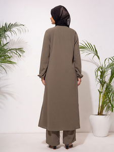 Robe chemise ample décontractée à manches longues en tissu uni avec pantalon 5XL, Abaya islamique modeste, Vêtements musulmans 100% Polyester - Product Image 3