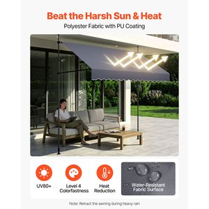 Auvent de terrasse rétractable manuel, hauteur réglable 118 pouces, abri pare-soleil pour porte et fenêtre extérieures, projection maximale 5 m - Product Image 3