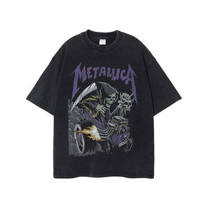 เสื้อยืดโอเวอร์ไซส์สีดำสำหรับผู้ชาย พิมพ์ลายหัวกะโหลก คอกลม ทรงปกติ ผ้าฝ้ายเจอร์ซีย์ 100% สไตล์พังก์ - Product Image 1