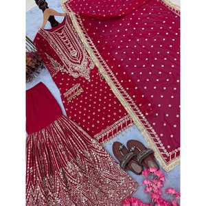 Ensemble haut en faux georgette lourd pour femmes, pantalon palazzo et dupatta pour un look de soirée - Product Image 6