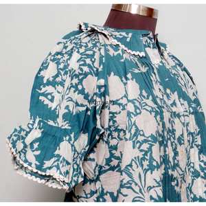 Blusa de Verano de Manga Corta con Cuello Mandarín, Estampado Floral Dulce Vintage, Corte Regular, 100% Algodón Lavable, Estilo Casual y Femenino - Product Image 5