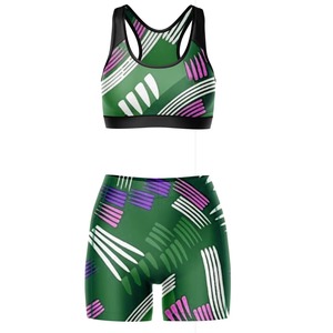 Conjunto Deportivo Personalizado al por Mayor para Mujer, Ligero, con Bloques de Color, Sujetador Deportivo y Pantalones Cortos a Rayas, 2 Piezas, para Gimnasio, Yoga y Entrenamiento - Product Image 1