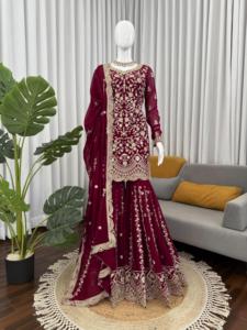 Designer Thread With Sequence Work Faux Georgette <b>Top</b> With Sharara Bottom And Dupatta Fully Stitched Ready To Wear Set - Product Image 1