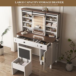 Toeletta da trucco in stile rustico con ripiani multilivello, specchio scorrevole, luci, porta asciugacapelli e presa di ricarica - Product Image 4