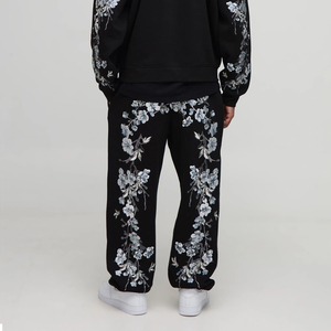 Black Baggy Fit Floral Embroidered Streetwear Jogger for Men's Drawstring Waist Comfortable Straight Fit Stylish Sweatpants - Product Image 1