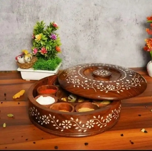 Natural Wooden Spice <b>Box</b> with Lid Handmade <b>Masala</b> Organizer for Kitchen Counter and Dining Table Decor Herbs & Spices - Product Image 6