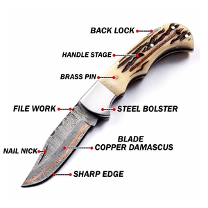 Couteau de poche pliant artisanal en acier Damas cuivré, manche en bois de cerf, étui en cuir, couteau de survie et de chasse pour l'extérieur - Product Image 6