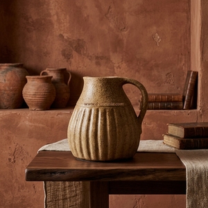Pichet en terre cuite rustique brun Linea Jug S, ciselé, fait main, en céramique décorative, urne de table, vente en gros - Product Image 4
