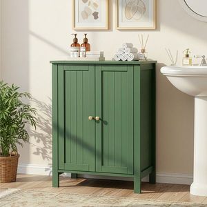 Meuble-lavabo double porte en MDF vert forêt 60*30*80cm peint à rayures verticales - Product Image 1