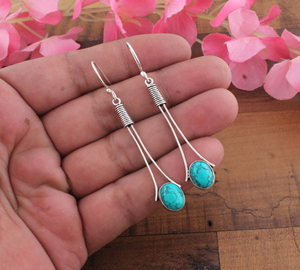 925 <b>Sterling</b> <b>Silver</b> Gold Plated Natural Turquoise Drop Earrings | Wholesale Handcrafted Vintage Wedding Party Long <b>Wire</b> Dangle - Product Image 1
