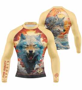 เสื้อรัดกล้ามเนื้อแขนยาวสำหรับผู้ชาย สีเบจ ลายพิมพ์หมาป่าสีน้ำเงิน คุณภาพดี สำหรับเล่นกีฬา ออกกำลังกาย ฝึกซ้อมในยิม - Product Image 1