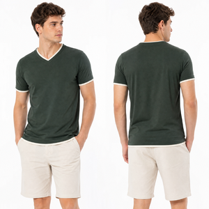 T-shirt à manches courtes pour hommes, vert foncé, col en V, bordure contrastée, manches à revers, chemise décontractée à manches courtes - Product Image 3