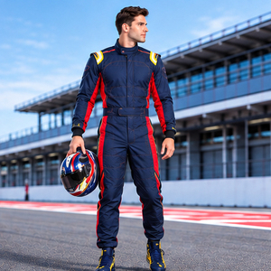 Combinaison de course pour homme à manches longues bleue avec accents rouges et jaunes, ignifuge, séchage rapide, imperméable, polyester/nylon, pour toutes les motos - Product Image 4