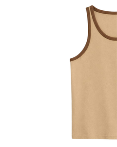 Débardeur beige personnalisé avec bordure contrastante marron, gilet sans manches en coton, col rond, décontracté d'été, singlet uni, fournisseur OEM - Product Image 3