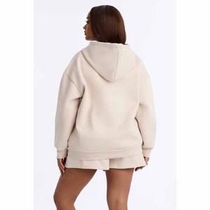Conjunto de dos piezas de pantalones cortos con capucha de forro polar beige para mujer, informal, holgado, de color liso, de punto, por encima de la rodilla - Product Image 2