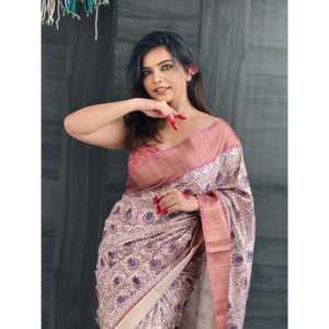 Sari de Noche con Estampado Floral de Seda Lavanda Assam de Elite Weaves con Borde Tejido con Hilo Zari 500g - Product Image 2