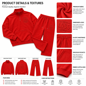 Conjunto de chándal de algodón con relieve personalizado, sudadera con cremallera de un cuarto y pantalones de chándal, conjunto de dos piezas. - Product Image 6