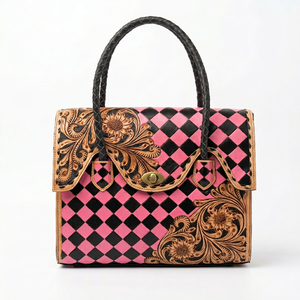 Women's High Quality Genuine <b>Leather</b> Tote Bag With Black Pink Color Checkered Floral <b>Tooled</b> Vintage Style Hasp Closure Daily Use - Product Image 1