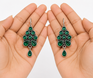 Pendientes Colgantes de Plata Oxidada con Diseño Floral Étnico Bohemio y Racimo de Piedras de Ónix, para Pedidos al por Mayor, Suministro Directo de Fábrica - Product Image 3