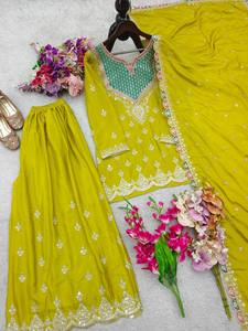 Ensemble Salwar en polyester brodé jaune avec dupatta, coupe classique, tenue traditionnelle indienne et pakistanaise pour femmes, longueur au sol - Product Image 6