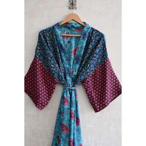 Long Silk Breathable Plus Size Autumn Floral Pattern Patchwork <b>Kimono</b> Robe Handmade Boho Bridal Dressing Gown Festival - Product Image 3