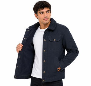 Men Navy Blue Sherpa <b>Lined</b> <b>Jacket</b> Warm Winter <b>Jacket</b> Full Snap Button Front Casual <b>Jacket</b> with Soft <b>Fleece</b> Lining Sherpa Collar - Product Image 1
